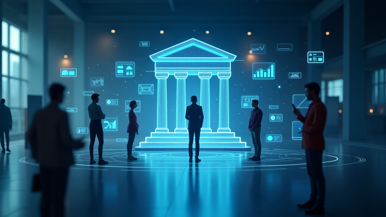 Futuristic banking interface with diverse users