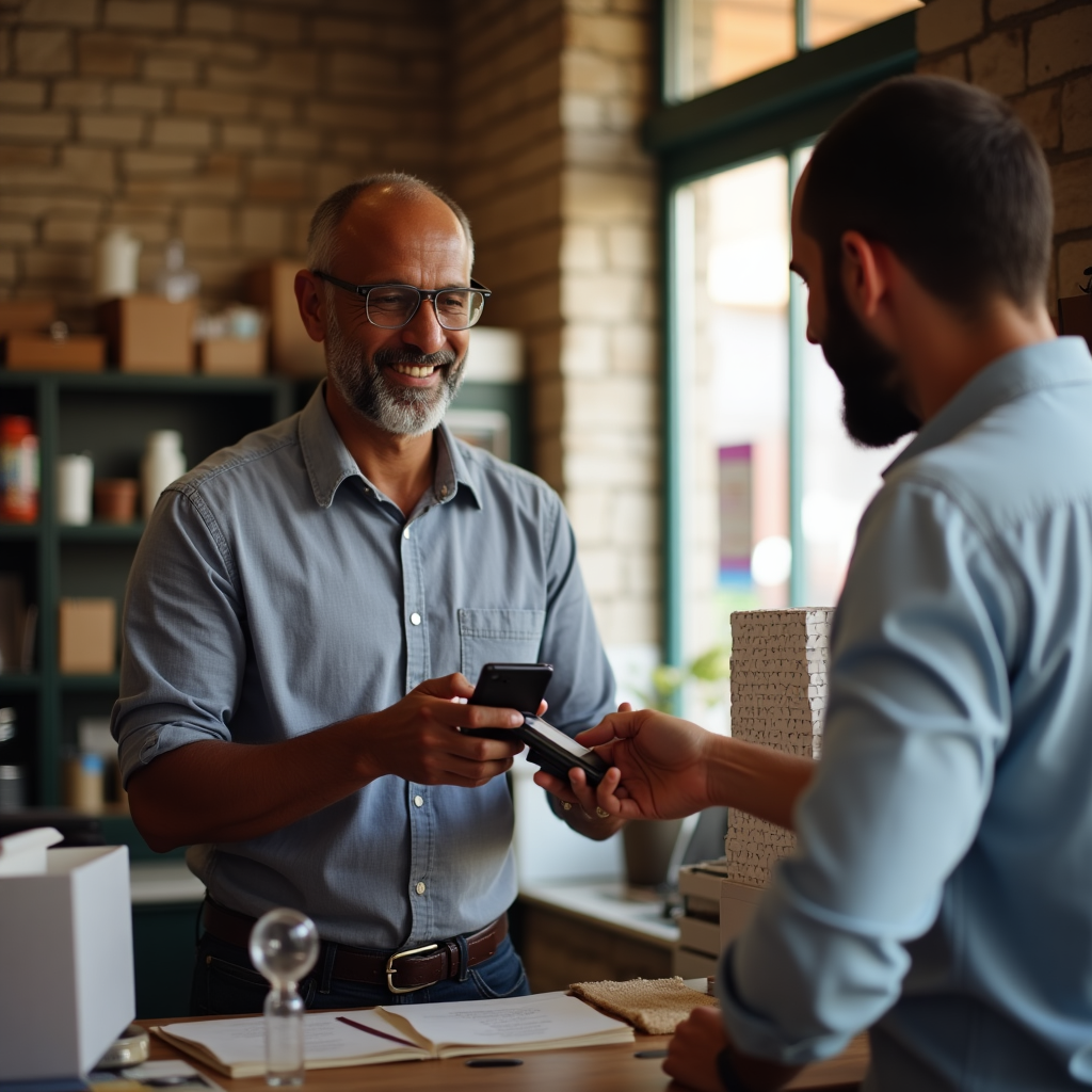 Small business owner using digital payment system with customer