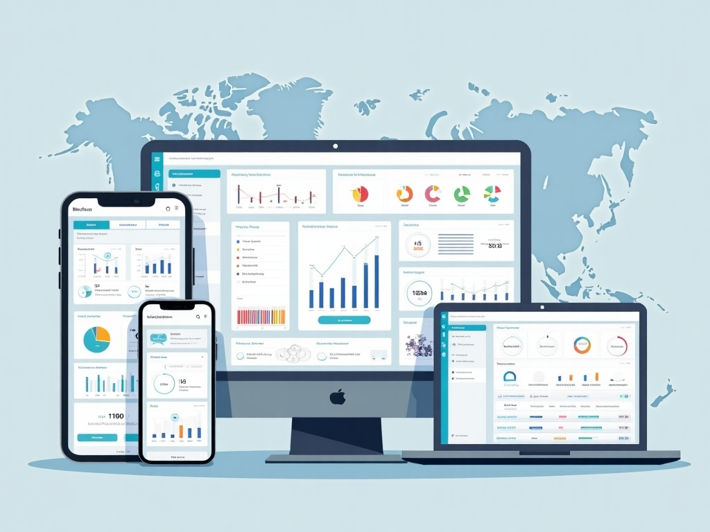 Financial technology interface on multiple devices showing banking applications