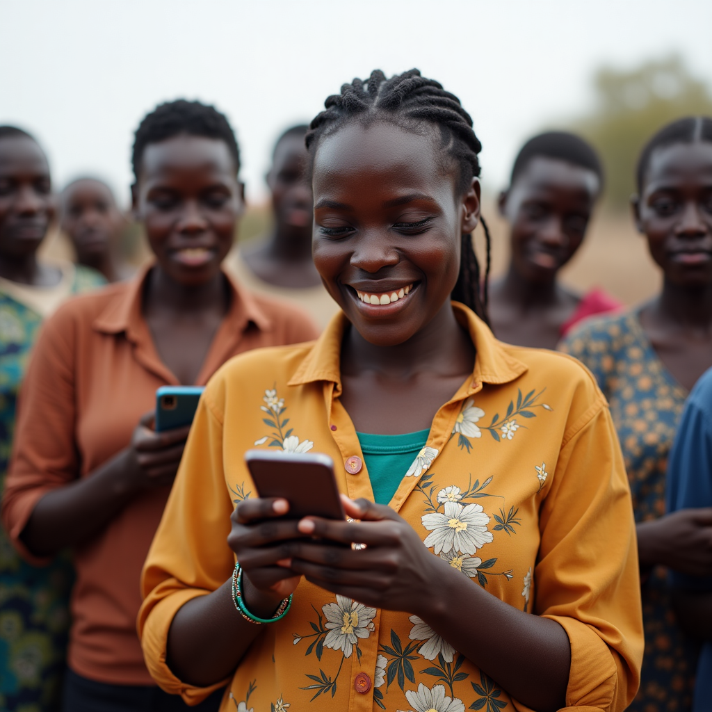 Person in rural setting using mobile banking on a smartphone