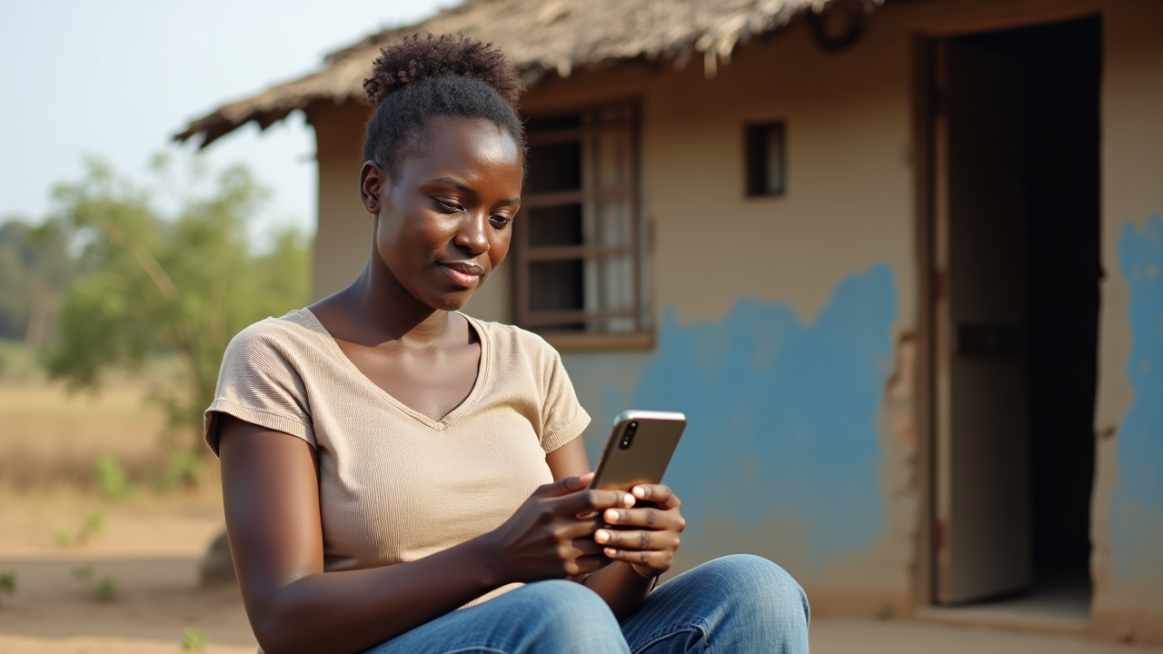 Person in rural setting using mobile banking on a basic smartphone